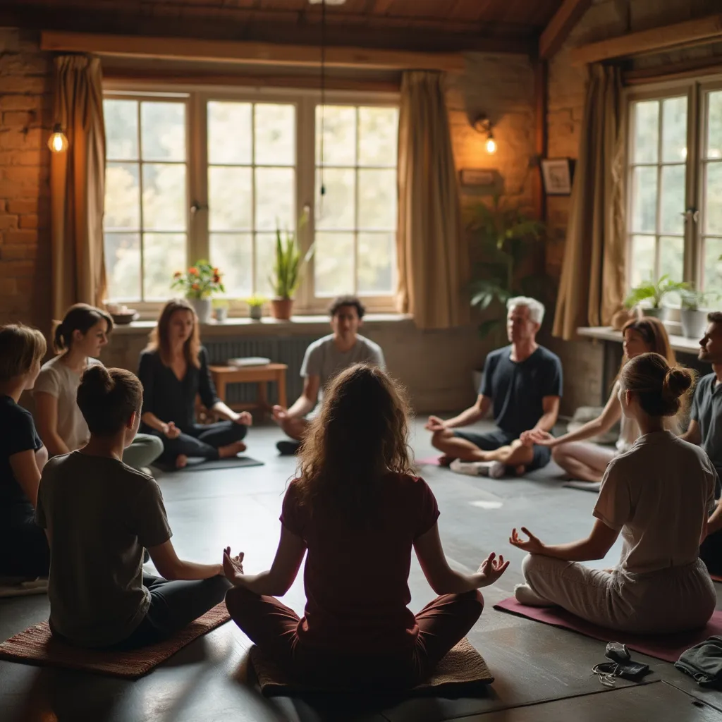 Skupinový workshop mindfulness v útulné místnosti